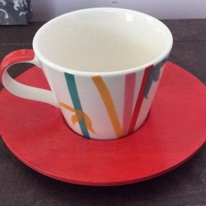 NEW Hues N Brews Ceramic Tea Cup & Wood Saucer Set BAMBOO RED PINK GREEN COFFEE